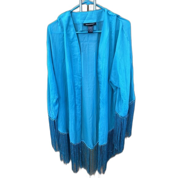 Ashley Stewart Turquoise Kimono Cardigan Cover Up 12 Sheer Open Front Fringe - Picture 2 of 10
